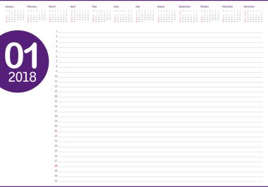 Ocak 2018 takvim planlayıcısı vektör çizim