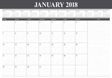 Ocak 2018 takvim planlayıcısı vektör çizim