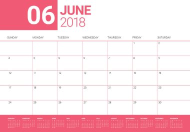 Haziran 2018 takvim planlayıcısı vektör çizim