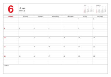 Haziran 2018 takvim planlayıcısı vektör çizim