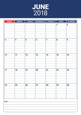 Haziran 2018 takvim planlayıcısı vektör çizim