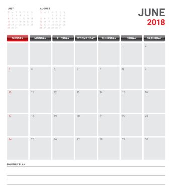 Haziran 2018 takvim planlayıcısı vektör çizim