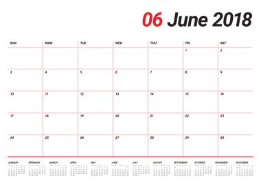 Haziran 2018 takvim planlayıcısı vektör çizim
