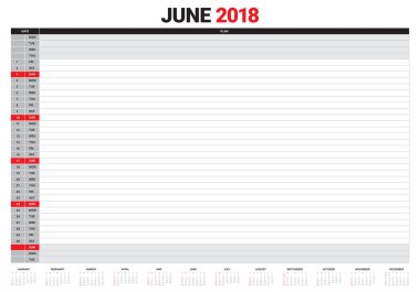 Haziran 2018 takvim planlayıcısı vektör çizim