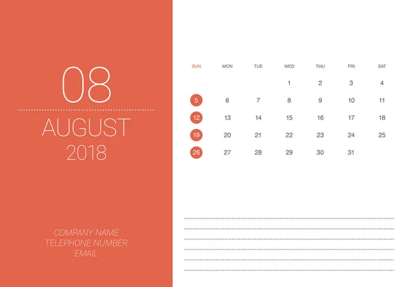 Ilustracja wektorowa kalendarza biurko sierpień 2018 — Wektor stockowy