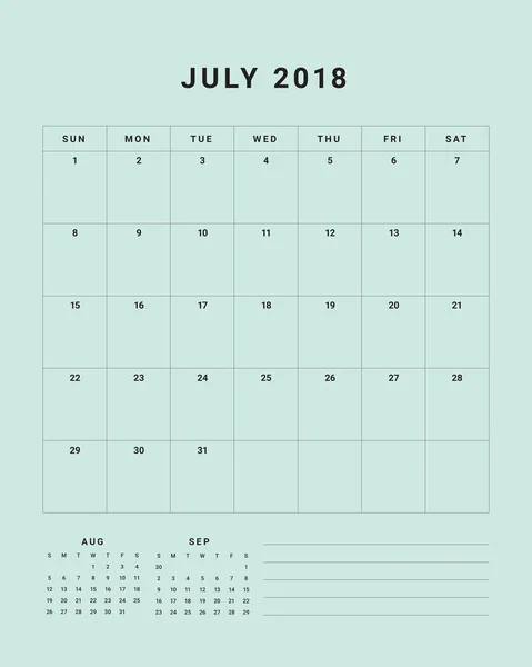 Ilustracja wektorowa kalendarza biurko lipca 2018 r. — Wektor stockowy