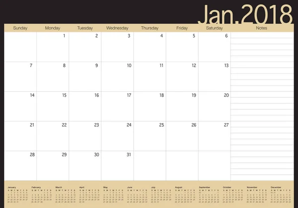 Gennaio 2018 calendario planner vettoriale illustrazione — Vettoriale Stock