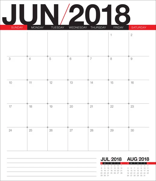 Ilustracja wektorowa planner kalendarz czerwca 2018 r. — Wektor stockowy