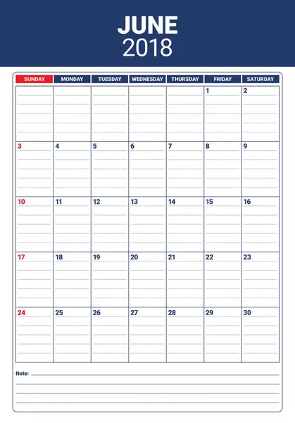 Ilustracja wektorowa planner kalendarz czerwca 2018 r. — Wektor stockowy