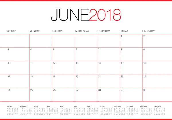 Junho 2018 calendário planejador vetor ilustração — Vetor de Stock