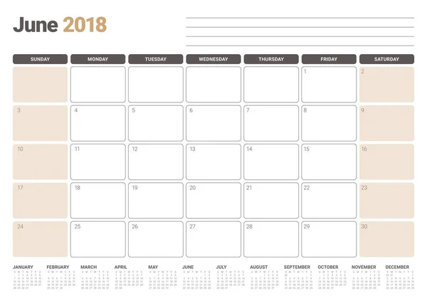 Junio 2018 calendario planificador vector ilustración — Archivo Imágenes Vectoriales