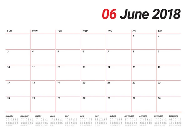 Векторная иллюстрация календаря июня 2018 года — стоковый вектор