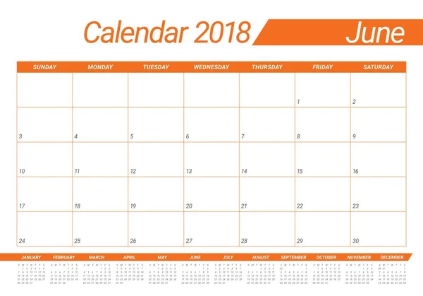 Juin 2018 calendrier planificateur vectoriel illustration — Image vectorielle