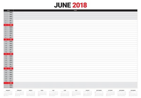 Εικονογράφηση διάνυσμα planner ημερολόγιο Ιουνίου 2018 — Διανυσματικό Αρχείο