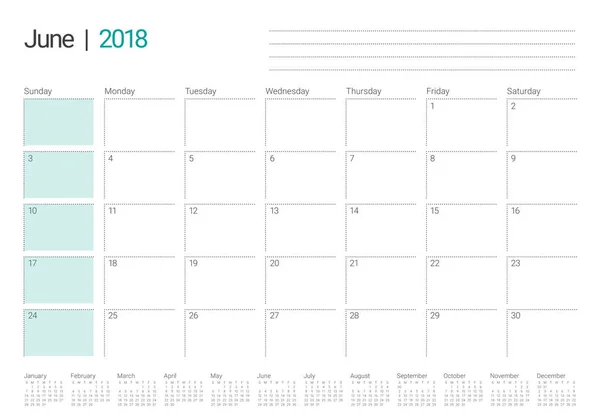 Juni 2018 Kalenderplaner Vektor Illustration — Stockvektor
