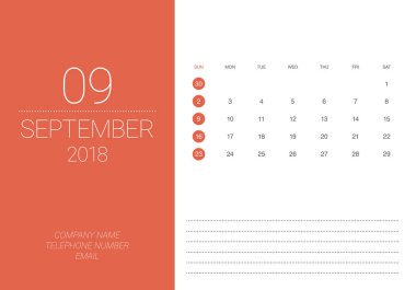 Eylül 2018 Resepsiyon takvim vektör çizim