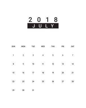 Temmuz 2018 Resepsiyon takvim vektör çizim