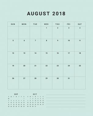 Ağustos 2018 Resepsiyon takvim vektör çizim