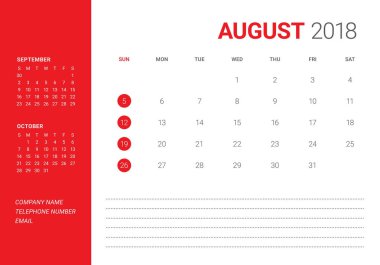 Ağustos 2018 Resepsiyon takvim vektör çizim