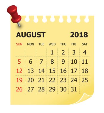 Ağustos 2018 takvim vektör çizim