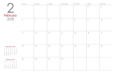 Şubat 2018 takvim planlayıcısı vektör çizim