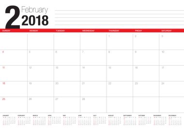 Şubat 2018 takvim planlayıcısı vektör çizim