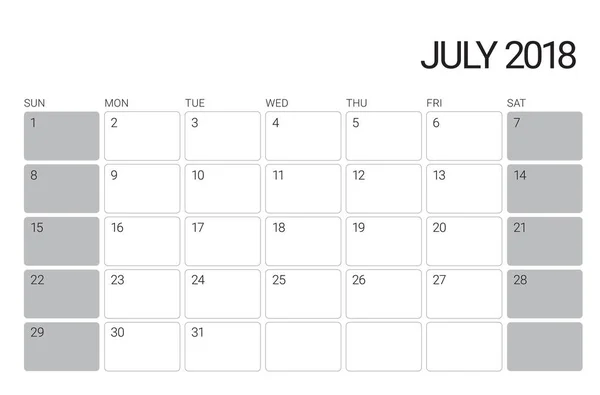 Juli 2018 skrivbord Kalender vektorillustration — Stock vektor