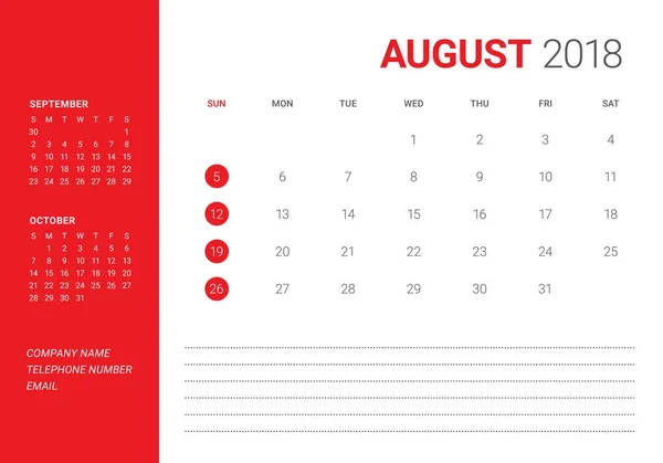 Ilustracja wektorowa kalendarza biurko sierpień 2018 — Wektor stockowy