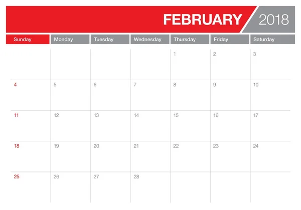 Februari 2018 kalender planner vectorillustratie — Stockvector