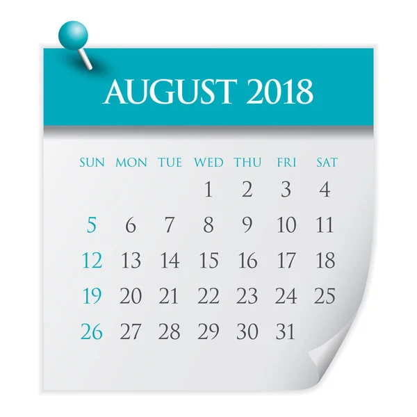 August 2018 kalendervektorillustration — Stockvektor