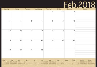 Şubat 2018 takvim planlayıcısı vektör çizim