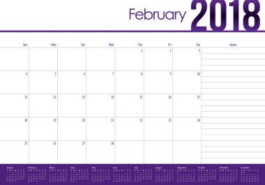 Şubat 2018 takvim planlayıcısı vektör çizim