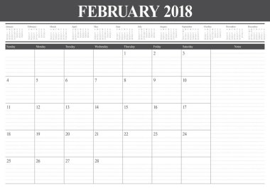 Şubat 2018 takvim planlayıcısı vektör çizim