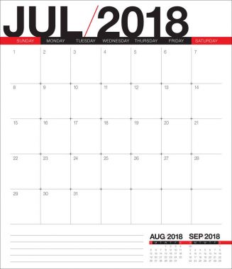 Temmuz 2018 takvim planlayıcısı vektör çizim