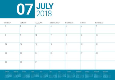Temmuz 2018 takvim planlayıcısı vektör çizim