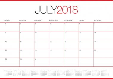 Temmuz 2018 takvim planlayıcısı vektör çizim