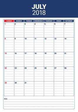 Temmuz 2018 takvim planlayıcısı vektör çizim