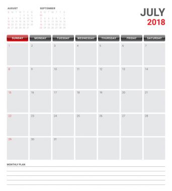 Temmuz 2018 takvim planlayıcısı vektör çizim