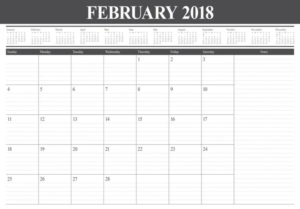 Února 2018 kalendář planner vektorové ilustrace — Stock fotografie