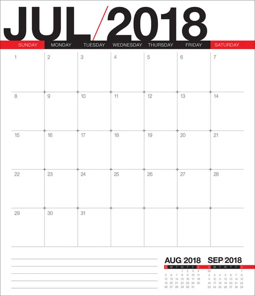 Juli 2018 kalender planner vektorillustration — Stockfoto