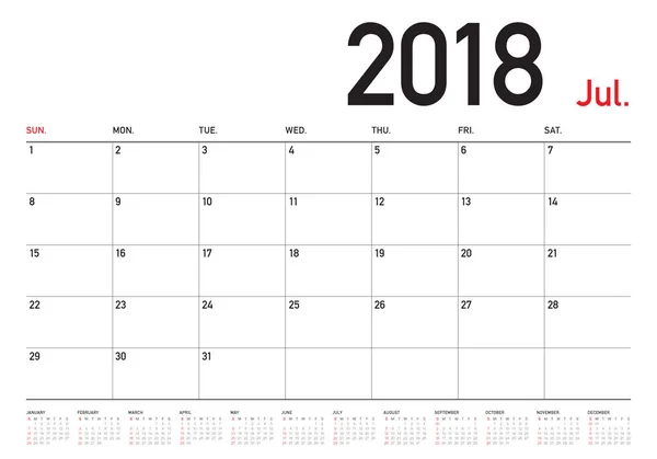 Ilustracja wektorowa planner kalendarz lipca 2018 r. — Zdjęcie stockowe