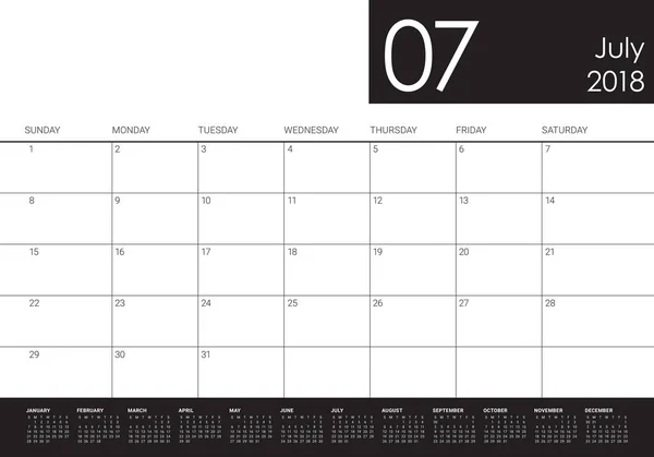 Julho 2018 calendário planejador vetor ilustração — Fotografia de Stock