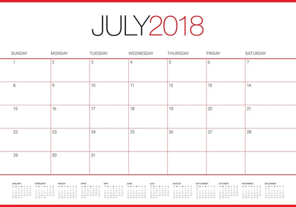 Juli 2018 Kalenderplaner Vektor Illustration — Stockfoto