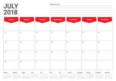 Temmuz 2018 takvim planlayıcısı vektör çizim