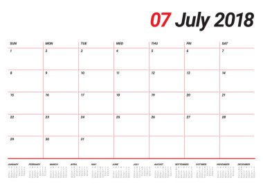 Temmuz 2018 takvim planlayıcısı vektör çizim