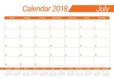 Temmuz 2018 takvim planlayıcısı vektör çizim