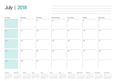 Temmuz 2018 takvim planlayıcısı vektör çizim