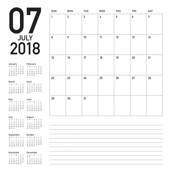 Липень 2018 планування календаря Векторні ілюстрації — стоковий вектор
