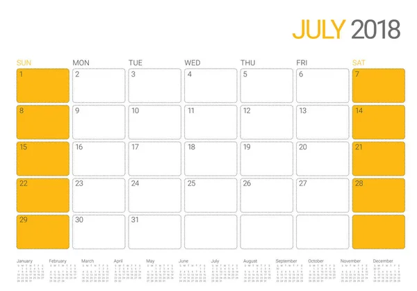 Juillet 2018 calendrier planificateur vectoriel illustration — Image vectorielle