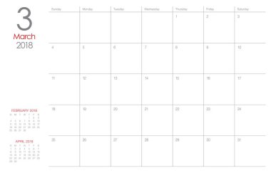 Mart 2018 takvim planlayıcısı vektör çizim